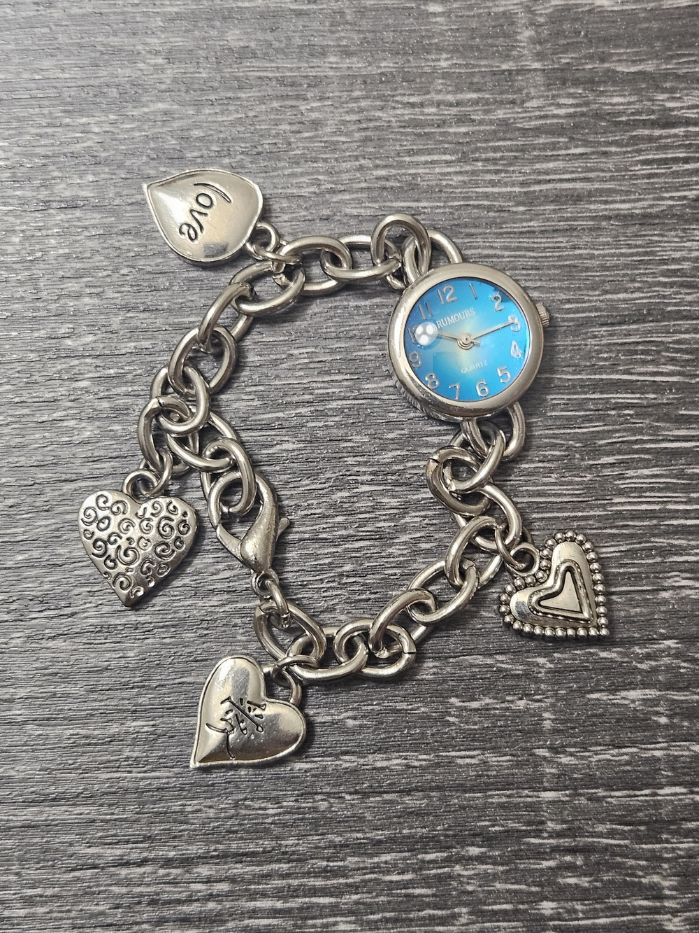 Vintage Silver Heart Charm Bracelet Watch with Blue Dial